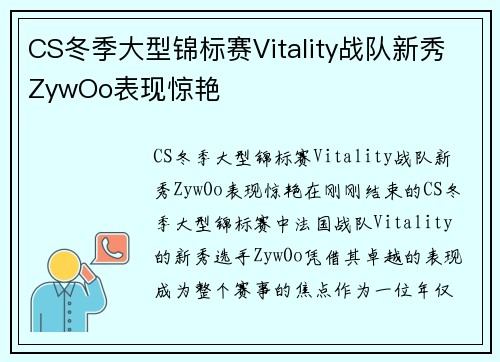 CS冬季大型锦标赛Vitality战队新秀ZywOo表现惊艳